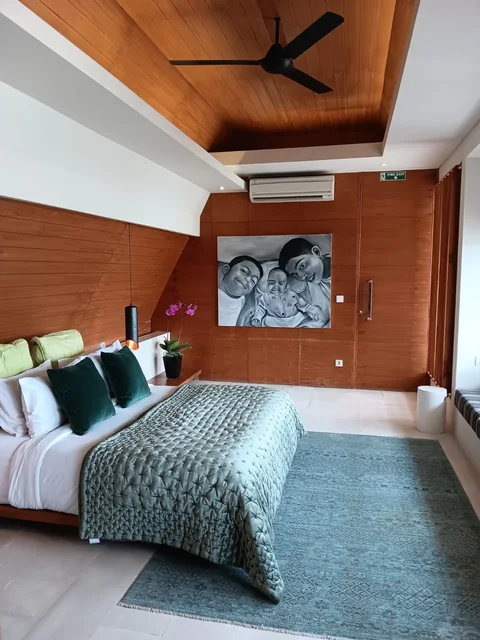 Bedroom with timber feature wall